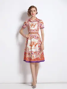 JC Collection Orange & Off White Ethnic Motifs Printed Fit & Flare Dress