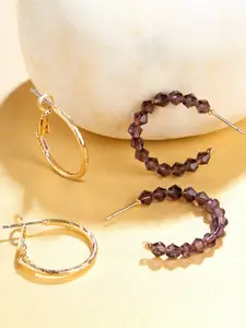 Accessorize London Women Set of 2 Purple & Gold-Toned Circular Hoop Earrings
