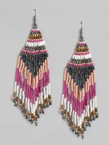 RICHEERA Pink & Peach-Coloured Beaded Contemporary Drop Earrings