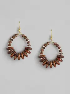 RICHEERA Brown & Gold-Toned Beaded Oval Drop Earrings