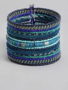 RICHEERA Women Blue & Green Beaded Cuff Bracelet