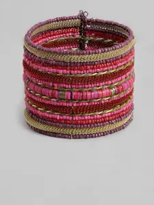 RICHEERA Women Pink & Red Beaded Cuff Bracelet
