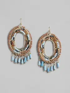 RICHEERA Blue & Gold-Toned Beaded Oval Drop Earrings