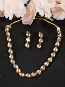 Jazz and Sizzle Gold-Plated White Kundan Studded Necklace With Earrings Jewellery Set
