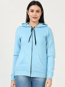 Fleximaa Women Blue Hooded Cotton Sweatshirt