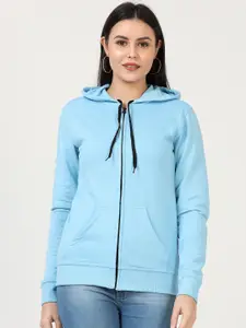 Fleximaa Women Blue Hooded Cotton Sweatshirt