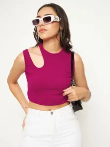 Uptownie Lite Stretchable High Neck Sleeveless Cut-Out Crop Top