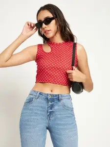 Uptownie Lite Red Geometric Stretchable Polyester High Neck Sleeveless Cut-Out Crop Top