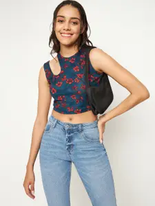 Uptownie Lite Women Navy Blue & Red Floral Print Stretchable Sleeveless Cut-Out Crop Top