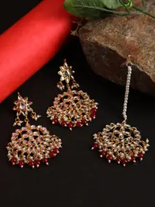 Jazz and Sizzle Gold-Plated Maroon & White Kundan Studded Maang Tikka & Earring Set
