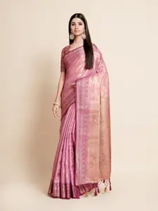 MIMOSA Pink & Gold-Toned Floral Art Silk Kanjeevaram Saree