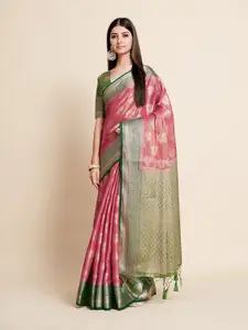 MIMOSA Women Pink & Green Floral Zari Art Silk Kanjeevaram Saree