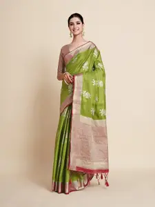 MIMOSA Olive Green & Red Floral Zari Art Silk Kanjeevaram Saree