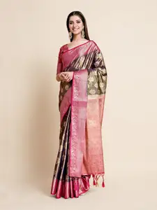MIMOSA Olive Green & Pink Woven Design Zari Art Silk Kanjeevaram Saree