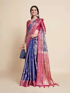 MIMOSA Navy Blue & Pink Floral Zari Art Silk Kanjeevaram Saree