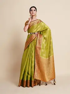 MIMOSA Olive Green & Gold-Toned Floral Zari Art Silk Kanjeevaram Saree