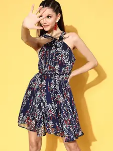 Berrylush Women Navy Blue Floral New Neckline Dress