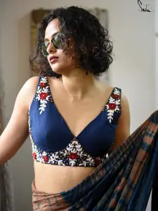 Suta Suta Blue Embroidered Cotton Saree Blouse