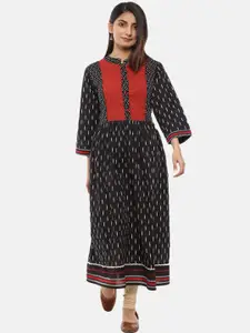 Desi Mix Women Black & Red Yoke Design Mandarin Collar Cotton Kurta