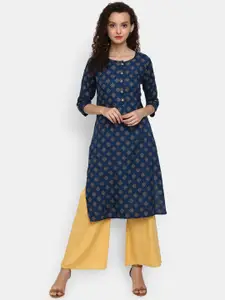 Desi Mix Women Blue & Gold-Toned Floral Printed Thread Work Kurta