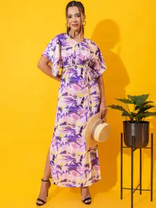 Stylecast X Hersheinbox Abstract Printed Kimono Sleeves Satin Finish Maxi Dress
