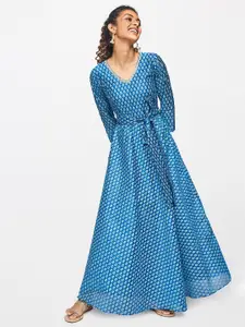 Global Desi Women Blue Ethnic Motifs Print Maxi Dress