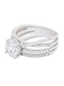 ANAYRA 925 Sterling Silver Silver-Toned & White Cubic Zirconia Studded Finger Ring