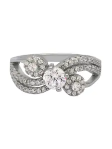 ANAYRA 925 Sterling Silver Silver-Toned White CZ-Studded Finger Ring