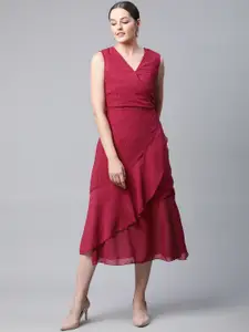 plusS Red Self Design Midi Wrap Dress