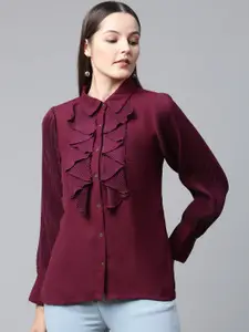 plusS Women Burgundy Regular Fit Ruffles Detail Semiformal Shirt