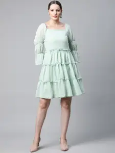plusS Mint Green Self Design Bell Sleeves A-Line Tiered Dress