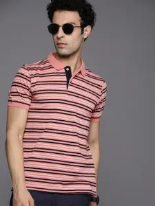 Raymond Men Coral & Black Striped Modern Fit Polo Collar Pure Cotton T-shirt
