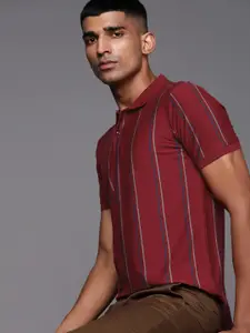 Raymond Men Maroon & Navy Blue Striped Polo Collar Pure Cotton T-shirt