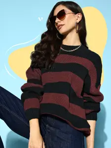 Berrylush Women Classy Black Striped Knits Bits Sweater