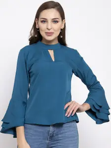 Claura Women Teal Solid Keyhole Neck Ruffles Layered  Crepe Top