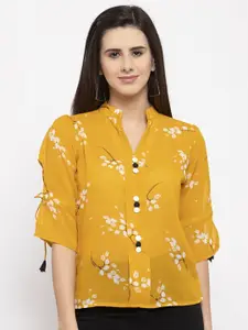 Claura Yellow Floral Print Mandarin Collar Georgette Shirt Style Top