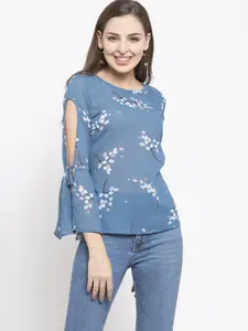 Claura Girls Blue & White Floral Print Georgette Top
