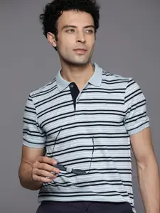Raymond Men Blue & White Striped Modern Fit Polo Collar Pure Cotton T-shirt