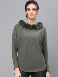 Mafadeny Women Green Pullover with Embellished Detail