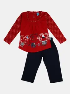 V-Mart Infant Girls Graphic Printed Long Sleeves Pure Cotton T-shirt With Pyjamas