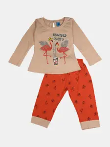 V-Mart Infant Girls Printed Pure Cotton T-shirt With Trousers