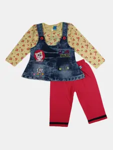 V-Mart Infants Girls Printed Pure Cotton T-shirt & Dungaree  with Pyjamas
