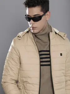 The Indian Garage Co Men Beige Solid Padded Jacket with Detachable Hood