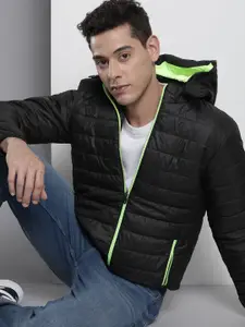 The Indian Garage Co Men Black Solid Padded Jacket with Detachable Hood