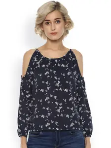 Harpa Women Navy Butterfly Print Cold Shoulder Top