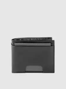 Woodland Men Black & Grey Solid Leather Two Fold Wallet
