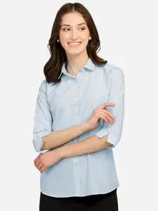 Fbella Women Blue Solid Standard Slim Fit Formal Shirt