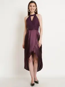 Purple State Women Burgundy Choker Neck Satin Midi Dress