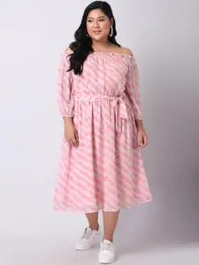 FabAlley Curve Women Plus Size Pink Striped Off-Shoulder Georgette Midi Dress