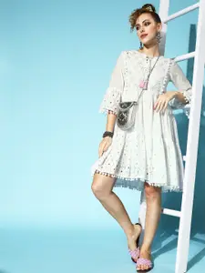 Ishin Women Off-White Floral Fluid Tie-Up Dress